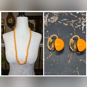 Vintage Orange Mustard Yellow Beaded Necklace & Clip-On Earring Set Mod